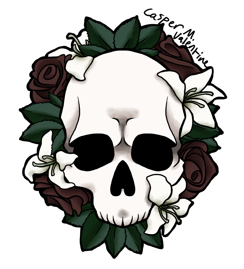 a digital illustration of a color tattoo with a skull at the center, surrounded by leaves, lilies, and brownish roses