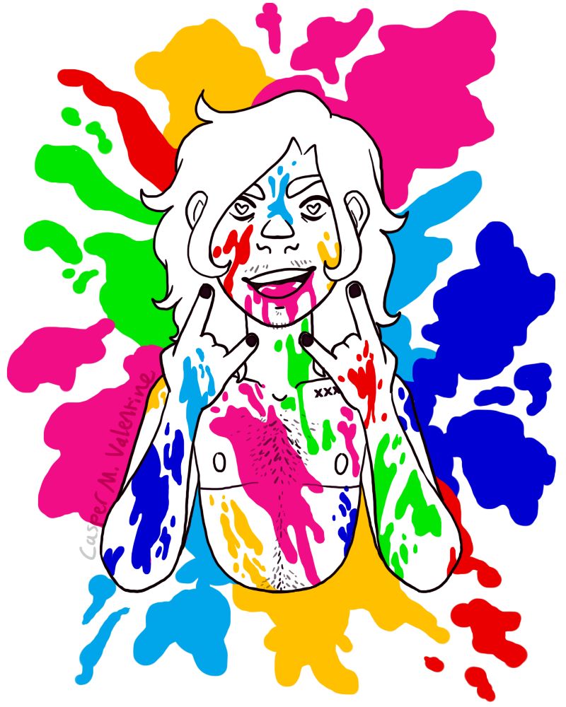 a digital illustration of an agender guy holding up both of his hands in the rock hand sign, smiling with his mouth open and covered in splashes of different neon colors. the guy has hearts for pupils, top surgery scars, and a tattoo on his collar bone that reads XXX