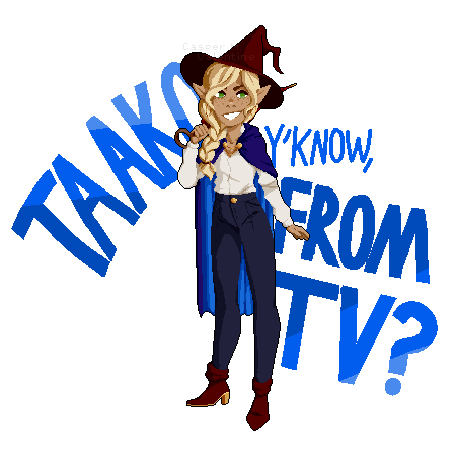 pixel art of a thin, tan elf standing posed with one hand by his hip and one holding an umbrella staff over his shoulder. he has long, braided, blonde hair and a fashionable wizard-inspired outfit. the text behind him reads, 'taako, y'know, from TV?' in all caps.