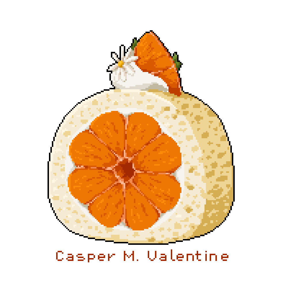 pixel art of a vanilla cake roll slice with a tangerine slice at the center. the dollop of cream at the top has another wedge of tangerine on it, along with a small daisy and some tiny leaves.