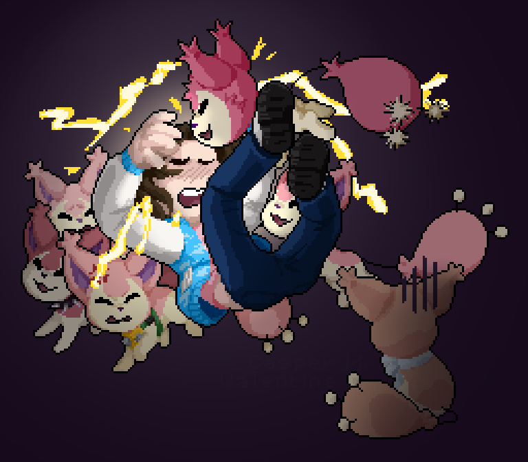 pixel art of a pale nonbinary person falling backwards as he is electricuted and tackled by a playful skitty, a pokémon that looks like a pink cat with a pin-cushion tail. a full team of them are around to see this happen with varying reactions. the person has brown hair and is wearing a bright blue letterman jacket with clouds on it.