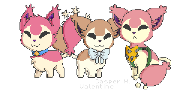 a pixel art lineup of three skitties, a pokémon that looks like a pink cat with a pin-cushion tail. the leftmost one is sitting sternly with a harness on that places a rocky shield at her chest. the one in the middle is standing upright, wearing a incredibly pale blue bow around his neck. the rightmost one is extra fuzzy, stanced with his legs apart in excitment and wearing a blue collar with a yellow diamond on it.