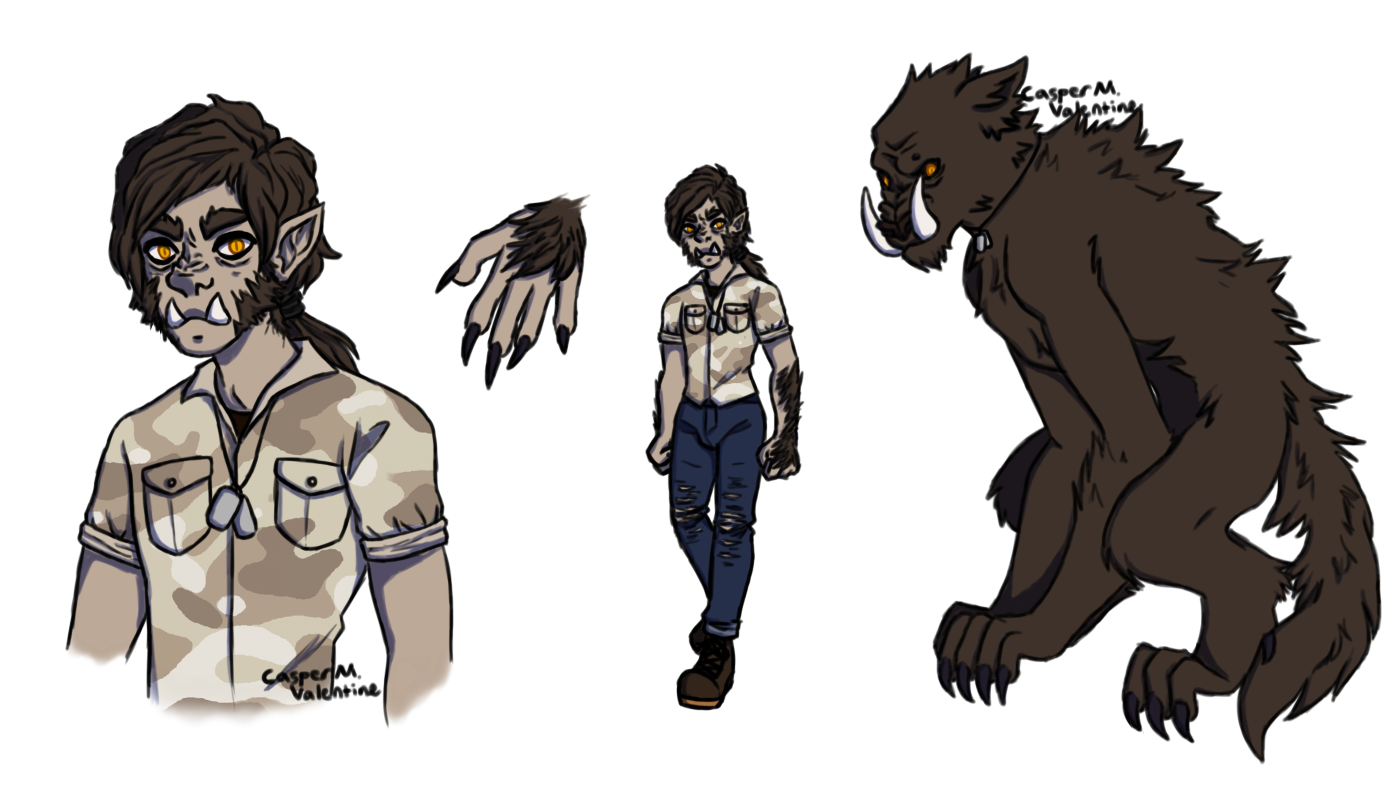 a digital drawing reference of a humanoid monster with beige skin, a wrinkled nose, tusks, and harsh yellow eyes. the left and center parts of the image focus on his body from the waist up, his hand, and then his full body. his full beast form is represented on the right, which looks like a combination of a werewolf and a wild boar.