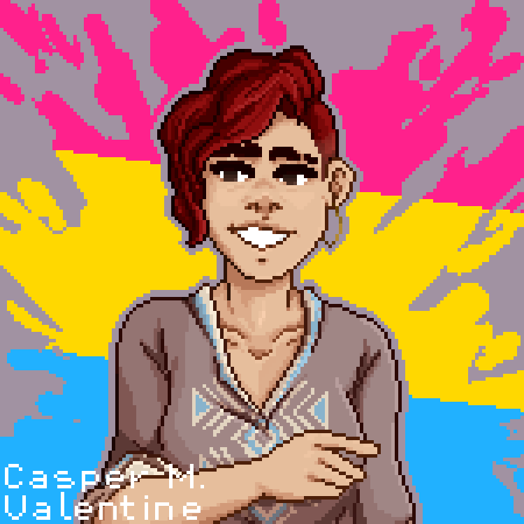 pixel art of a smiling woman with tanned, peachy skin, a small scar in her right eyebrow, and wavy red hair that is shaved on one side and long on the other. her muted, V-neck shirt has an intricate triangle pattern on the chest made of pale blue and cream colors. the splatter behind her displays the pansexual pride flag.