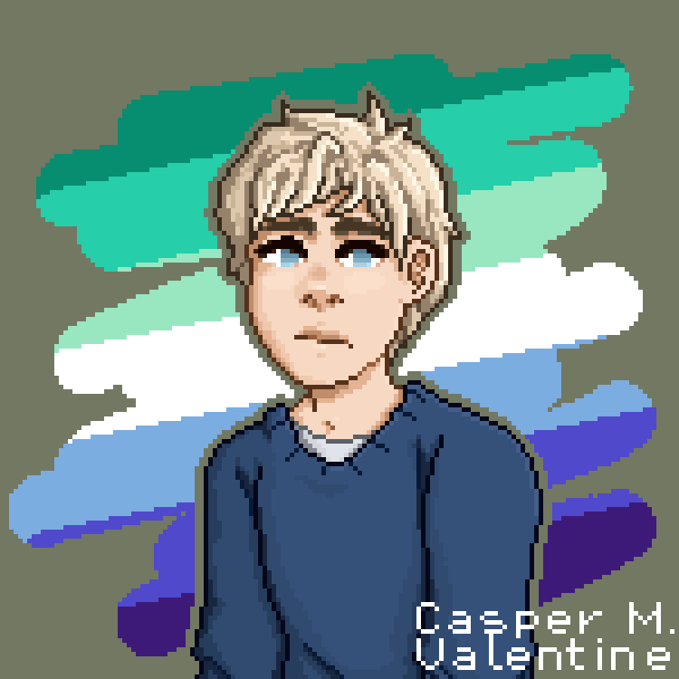 pixel art of a discomforted, fair-skinned white man with blonde hair and blue eyes. he is wearing a blue sweater with a white t-shirt underneaht. the scribble behind him displays the man-loving-man pride flag.