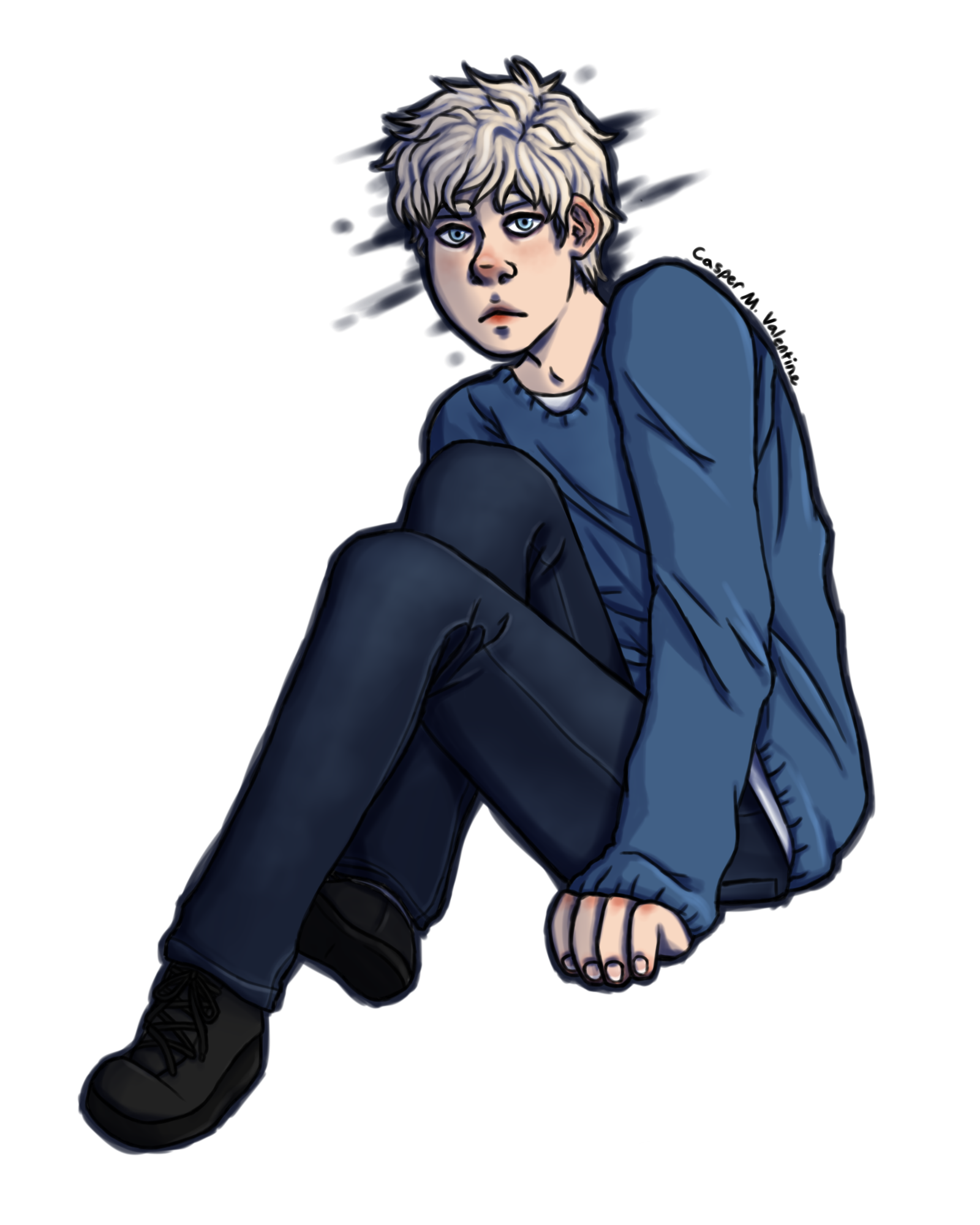 a digital painting of a young white man sitting with his knees tucked to his chest and his hands pressed down by his sides. he is wearing jeans, all black sneakers, and a sweater with a white shirt underneath. his short, wavy hair is blonde, and his eyes are a pale blue