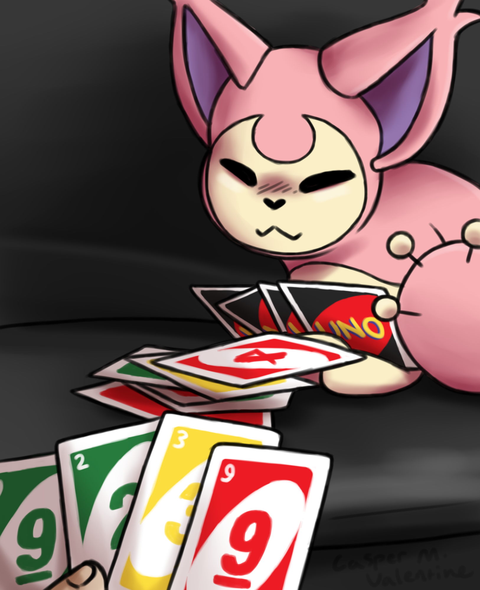 a digital illustration of a skitty, a pokémon that looks like a pink cat with a pin-cushion tail, playing uno with a person that is off screen.