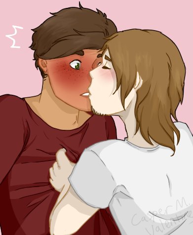 an illustration of a pale man gripping the front of a taller man's long-sleeved, muted red shirt and pulling him into a kiss. the man with pale skin on the right has long, light brown hair and is wearing a white T-shirt. the other man on the left is tanned, broad-shouldered, and has short, chocolate brown hair. he looks surprised, with his green eyes wide and his face flushed.