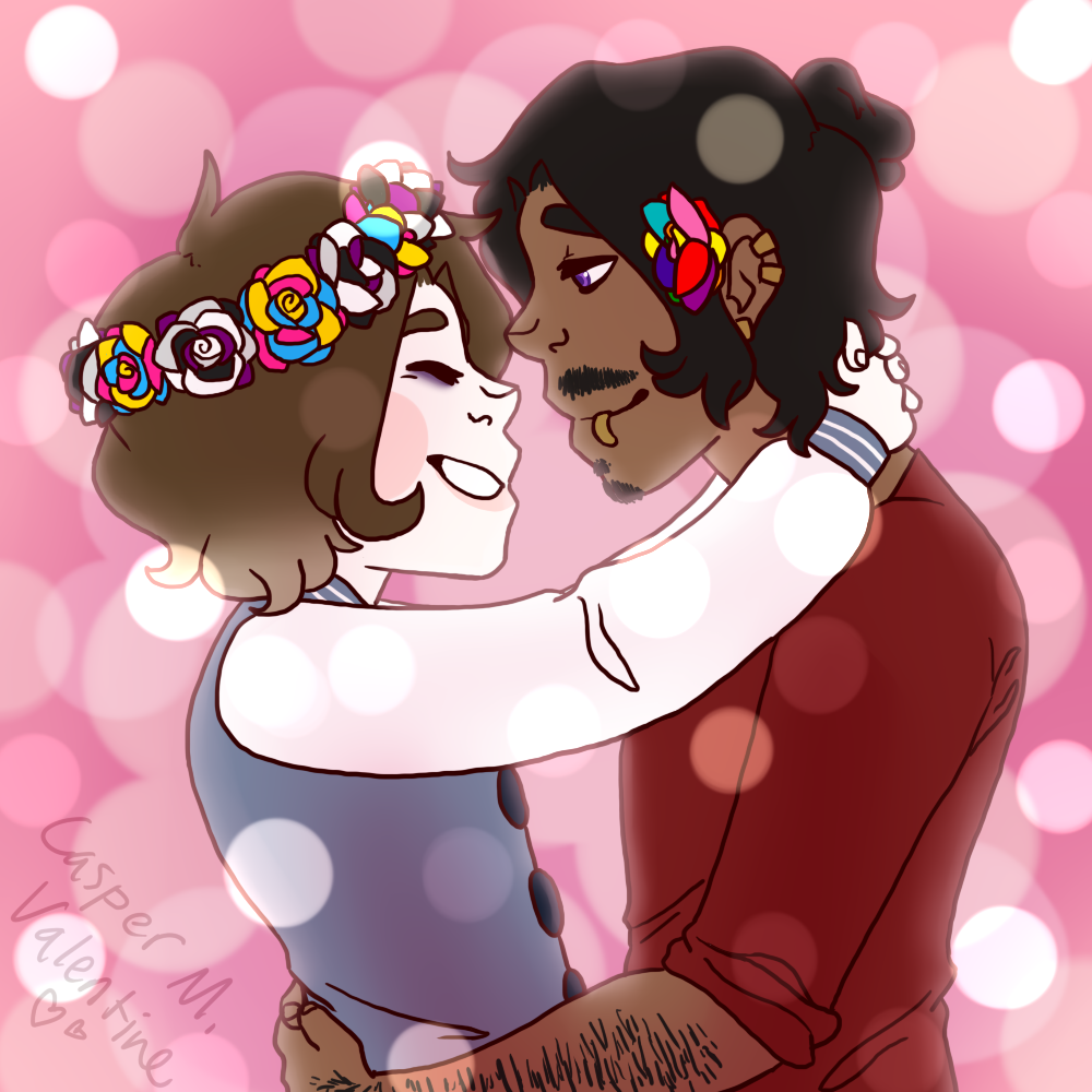 a digital illustration of a gay couple holding each other and smiling. the guy on the left has arms up and his hands clasped around the back of the man's neck, wearing a flower crown with petals in an alternating pattern between the demisexual and pansexual pride flags. the tall man has his arms around the guy's waist, a single flower with petals that are the same color as the gay pride flag tucked behind his ear.